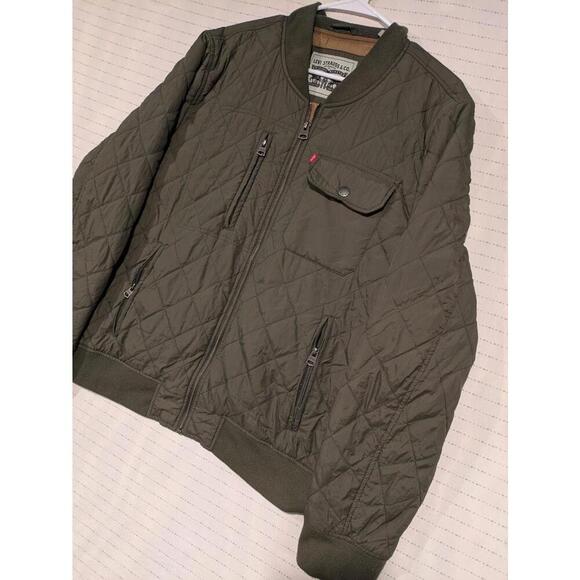 Levi Strauss Quilted Olive Green Bomber Jacket Full Zip Nylon Mens Large 25x27 - Picture 3 of 10